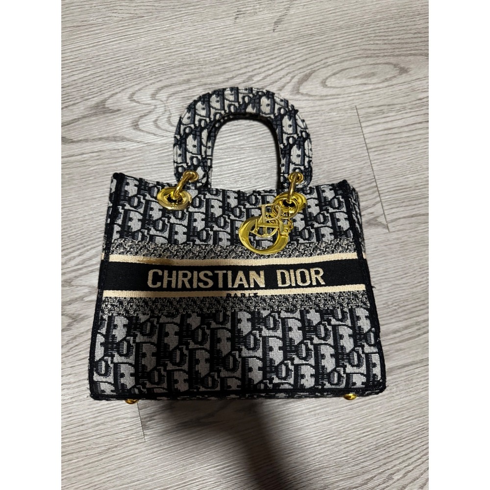 Christian Dior Lady D-Lite Medium Bag Black White Oblique Embroidery Handbag